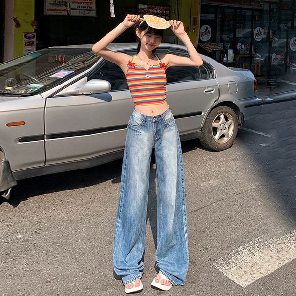 Women's Clothing retro wide leg jeans for women spring and autumn new straight loose high waist drape slim floor length pants_ecoleips.com