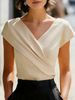 2026 European And American Temperament Elegant White V-neck Short-sleeved Slim-fitting Bag-sleeved Women's Top_ecoleips.com