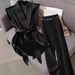 Women's Clothing Elegant Satin Sleeveless Top And Solid Color Slim Fit Trousers Set For Women Belt Not Included_ecoleips.com