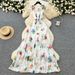 Women's Clothing Holiday Style Printed Long Dress For Women With Waist Hugging Temperament Deep V Neck Small Flying Sleeves Ruffled Chiffon Long Dress_ecoleips.com