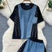 Women's Fashion Summer Set - Vintage Denim Patchwork Sleeveless Top & High-Waisted Wide-Leg Pants | Heavy Duty Rhinestone Embellished Outfit_ecoleips.com