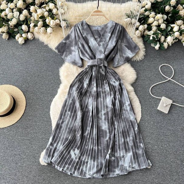 Boho Floral Print Maxi Dress – Wrap Waist, Flowy Chiffon, Elastic Polyester Blend, One-Size Fits Most (10 Colors, Short Sleeve, High-Low Hem)_ecoleips.com