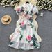 French-Inspired Floral Print Dress – Tiered Tulle Skirt With Corset Lacing & Lantern Sleeves (S-XXL)_ecoleips.com