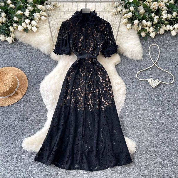 French Romantic Style High-Waisted Pink Lace Dress For Women Elegant A-Line Long Skirt Summer Commute Ready_ecoleips.com
