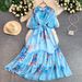 Women's Floral Ruffle Hem Maxi Dress with Puff Sleeves Elegant Romantic Design Flowy Chiffon One Size Fits Most_ecoleips.com