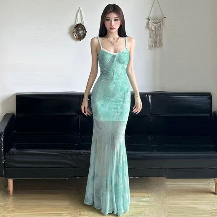 Light Green Butterfly Print Mesh Sundress Women's Summer Beach Vacation Casual Mermaid Bodycon Long Dress Thin Suitable for Warm Weather_ecoleips.com