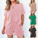 Women's Clothing Women's Clothing Short Sleeved Wavy Round Neck Top Elastic Waist Shorts Two Piece Set_ecoleips.com