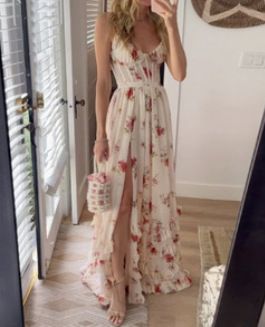 Cross-Border European And American Women's Fashion New Hot-Selling Chiffon Printed Sheer Split Strap Dress_ecoleips.com