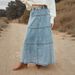 Bohemian A-Line Denim Skirt With Layered Hem & Abstract Print - Mid-Length Raw Edge Denim Skirt For Women_ecoleips.com