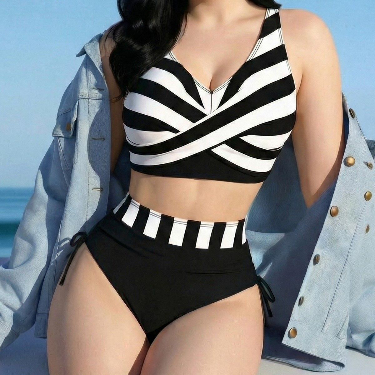 New 2026 Women's Backless Push up Bikini Striped Print Color Block European American Style Swimsuit for Vacation_ecoleips.com