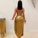 Elegant Halter Neck Bodycon Midi Dress With Gold Chain & Draped Detail, Stretch Polyester Spandex, Sophisticated Night Out & Evening Wear_ecoleips.com