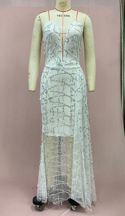 Women's Clothing Suspenders Sexy V Neck Dress Hot Silver Fashionable Sexy Evening Dress_ecoleips.com