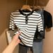 French-Inspired Striped Knit Top – Slim Fit Short Sleeve Shirt For Women, Chic & Youthful Casual Wear_ecoleips.com