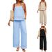 Women's Lace Trim Camisole And Pocket Wide Leg Pants Set Casual Summer Outfit Black Beige Sky Blue Sizes S XXL_ecoleips.com