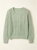 V-Neck Cable Knit Openwork Long Sleeve Sweater_ecoleips.com