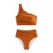 Elegant One-Shoulder Bikini Set – Modest High-Waisted Swimwear With Ruching Detail | UPF 50+ | Caramel/White/Blue/Gray | S/M/L/XL_ecoleips.com