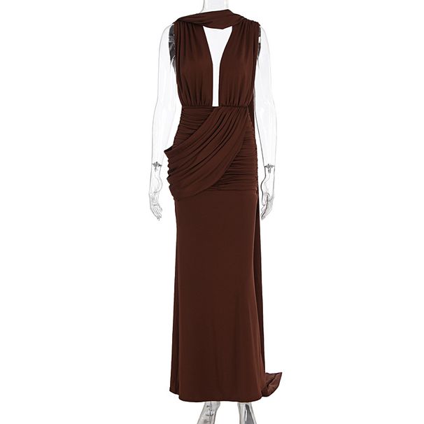 French Style Deep V Neck Pleated Slit Maxi Dress Slimming High End Evening Dinner Party Gown Long Dress_ecoleips.com