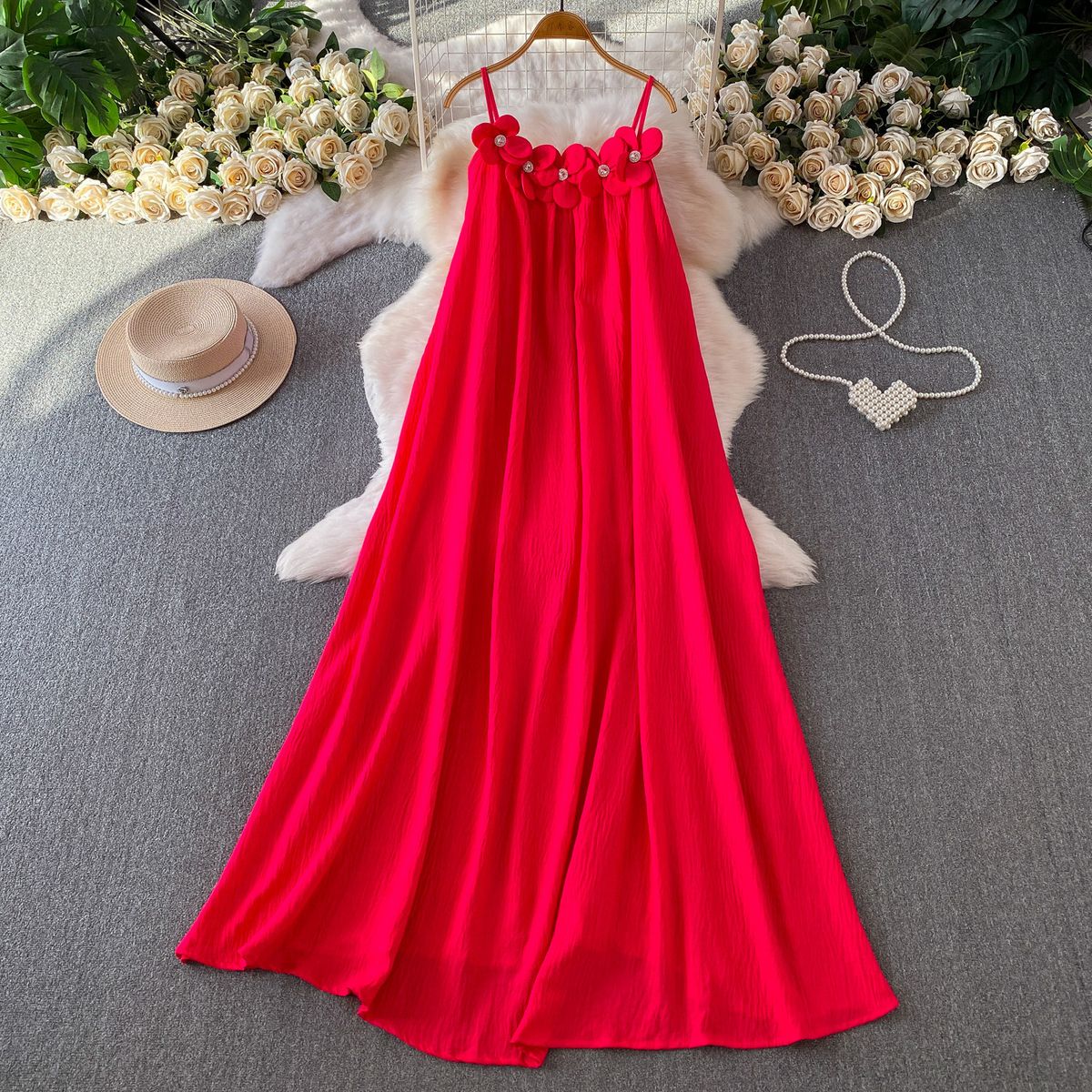 High-End Women's Summer Halter Dress Rhinestone Embellished 3D Floral A-Line Maxi Dopamine Blue Luxury Inspired Vacation Dress_ecoleips.com