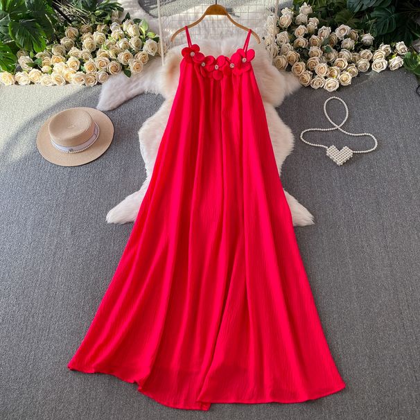 High-End Women's Summer Halter Dress Rhinestone Embellished 3D Floral A-Line Maxi Dopamine Blue Luxury Inspired Vacation Dress_ecoleips.com