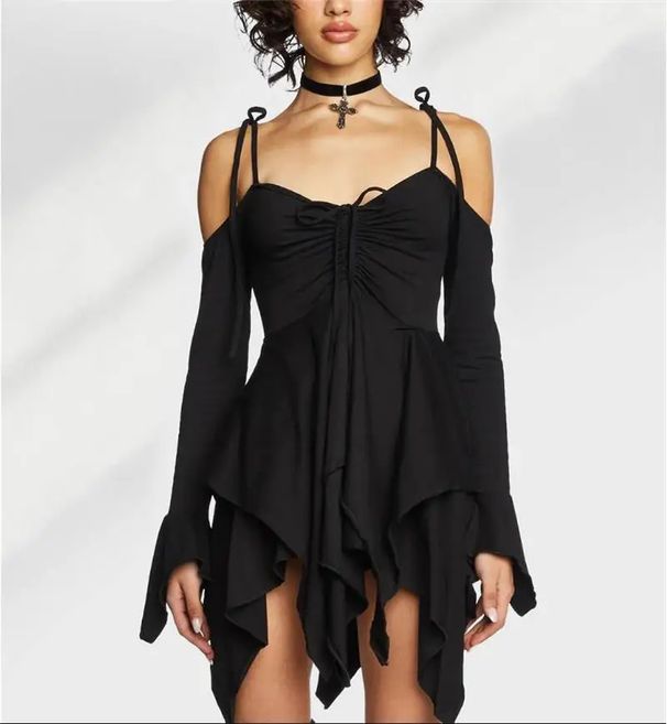 Women's Sexy Off Shoulder Long Sleeve Halter Asymmetrical Mini Dress – Halloween Costume Party Gown_ecoleips.com