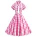Barbie Pink Plaid Lace Dress Cosplay Hepburn Style Death Pink Bow Tie Net Red Women's Summer Thin Material Adult Size Regular_ecoleips.com