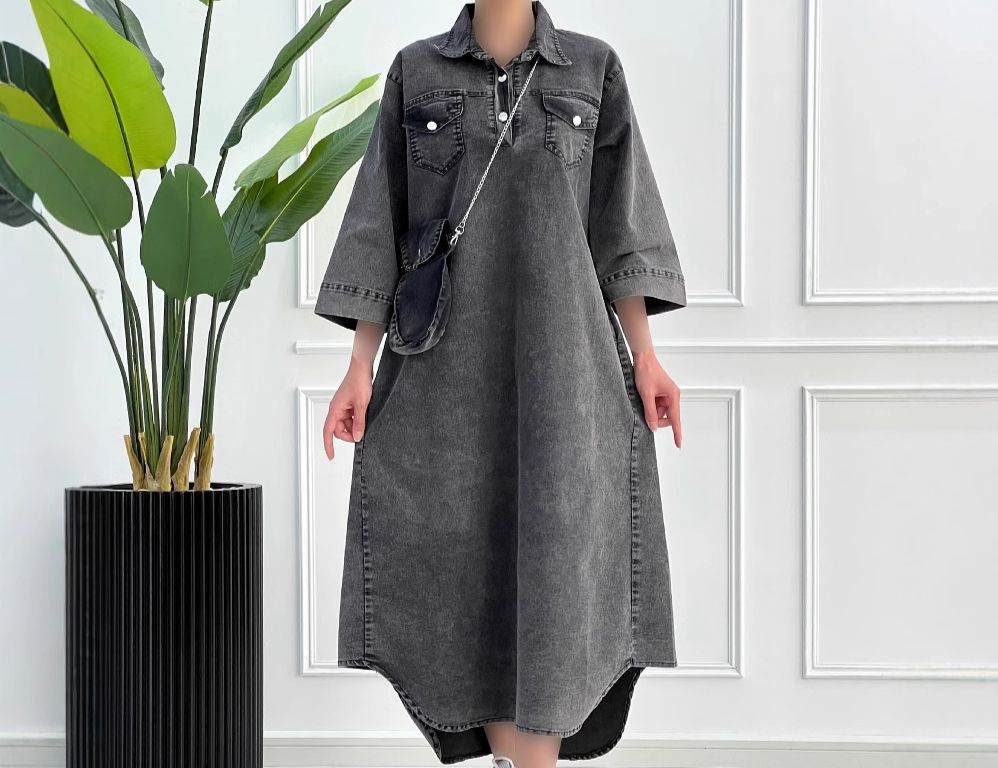 Women's Clothing Autumn New Women's Round Neck Solid Color Style Simple Style Loose Denim Long Skirt_ecoleips.com