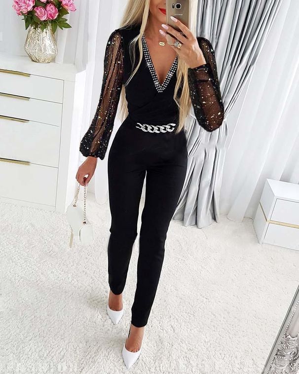 Women'S V-neck Perm Mesh Jumpsuit_ecoleips.com