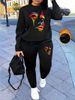 Female Autumn And Winter Hip-hop Casual Street Face Portrait Pattern Printed Round Neck Sweatshirt+sports Pants Warm Suit-613_ecoleips.com