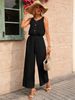 Women's Clothing Women's Solid Color Button Round Neck Elastic Waist Loose Jumpsuit Spring Summer For Formal & Casual_ecoleips.com