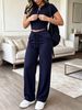 Women's Clothing Slim Fit Button Down T-Shirt And Drawstring Trousers Casual Set Solid Color Sporty Style Spring Summer_ecoleips.com