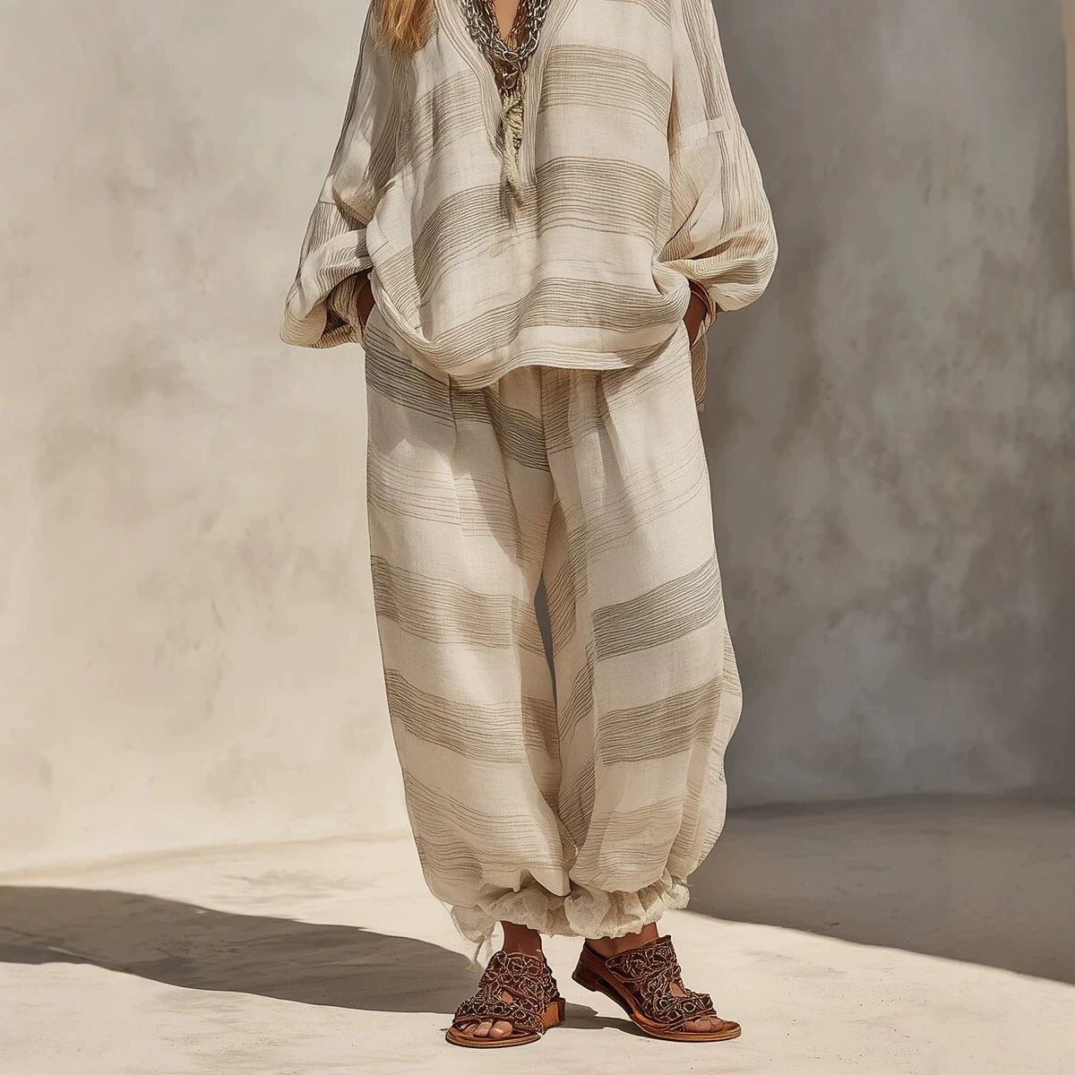 Women's Clothing Women's V Neck Printed Casual Top Long Sleeved Loose Fit Cotton Linen Striped Set Spring Autumn_ecoleips.com