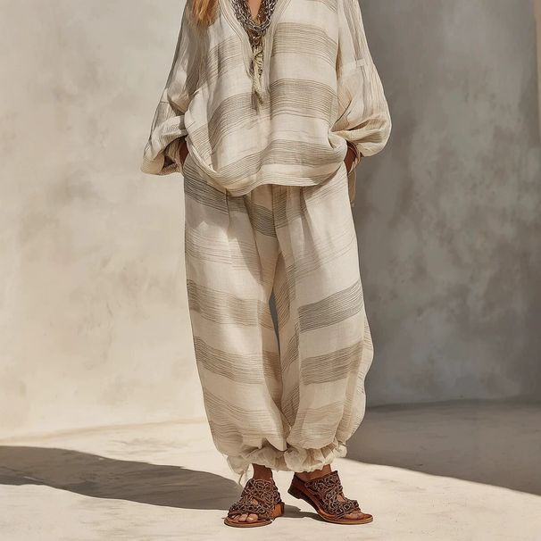 Women's Clothing Women's V Neck Printed Casual Top Long Sleeved Loose Fit Cotton Linen Striped Set Spring Autumn_ecoleips.com