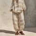Women's Clothing Women's V Neck Printed Casual Top Long Sleeved Loose Fit Cotton Linen Striped Set Spring Autumn_ecoleips.com