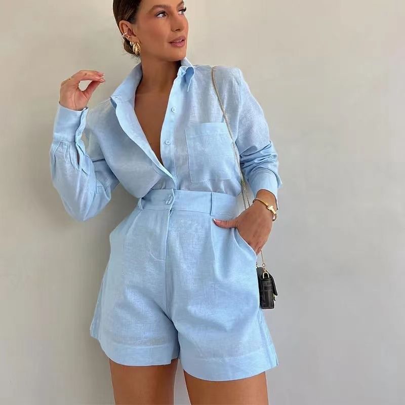 Women's Clothing Loose Solid Color Casual Shirt High Waist Shorts Fashion Suit_ecoleips.com