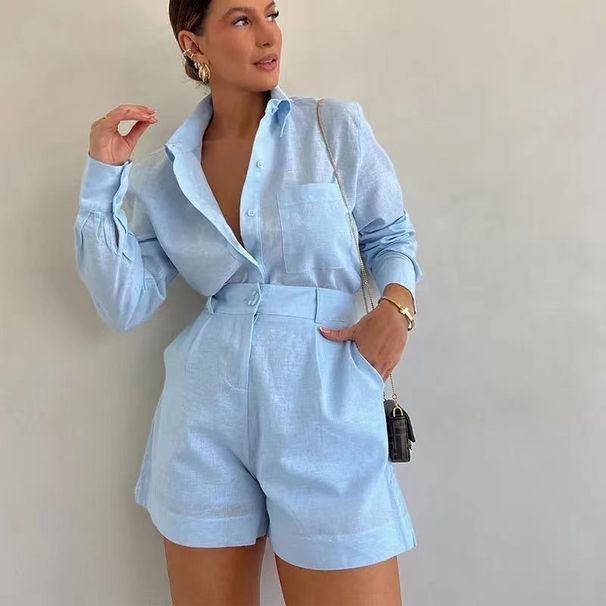 Women's Clothing Loose Solid Color Casual Shirt High Waist Shorts Fashion Suit_ecoleips.com