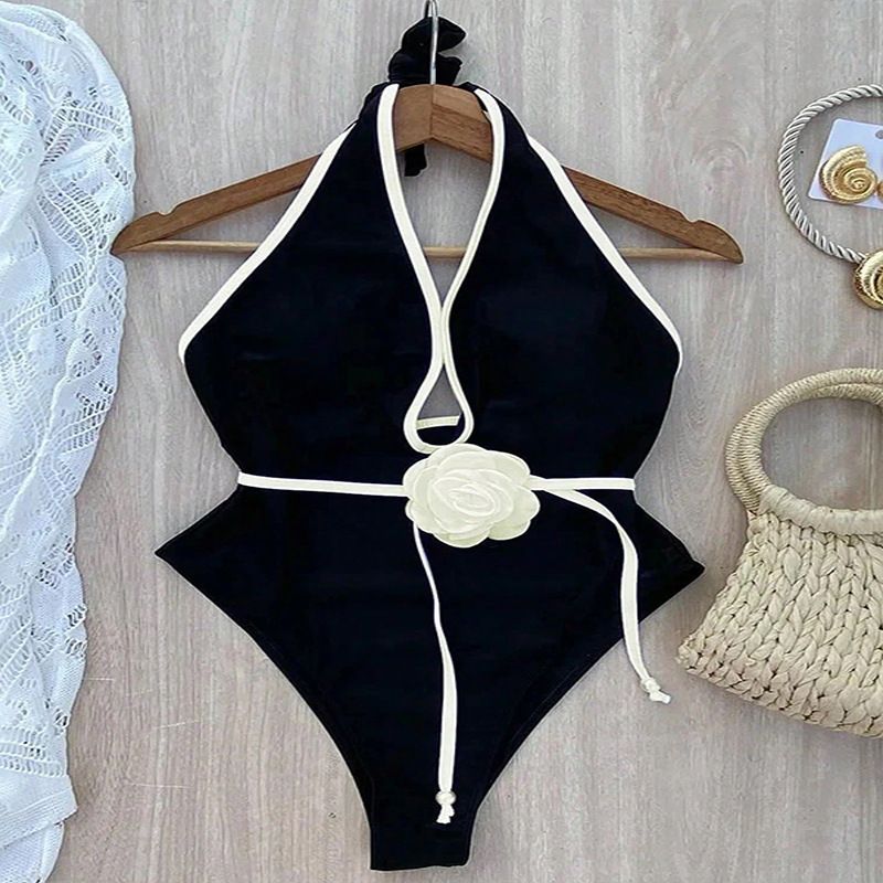 Women's Clothing"3D Floral Halter Swimsuit – Sculpting One-Piece With Adjustable Ties & High-Cut Legs"_ecoleips.com