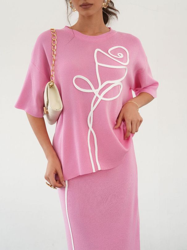 Women's Clothing Summer New Simple Abstract Round Neck Loose Short Sleeved Knitted Top High Waist Straight Skirt Two Piece Suit For Women_ecoleips.com