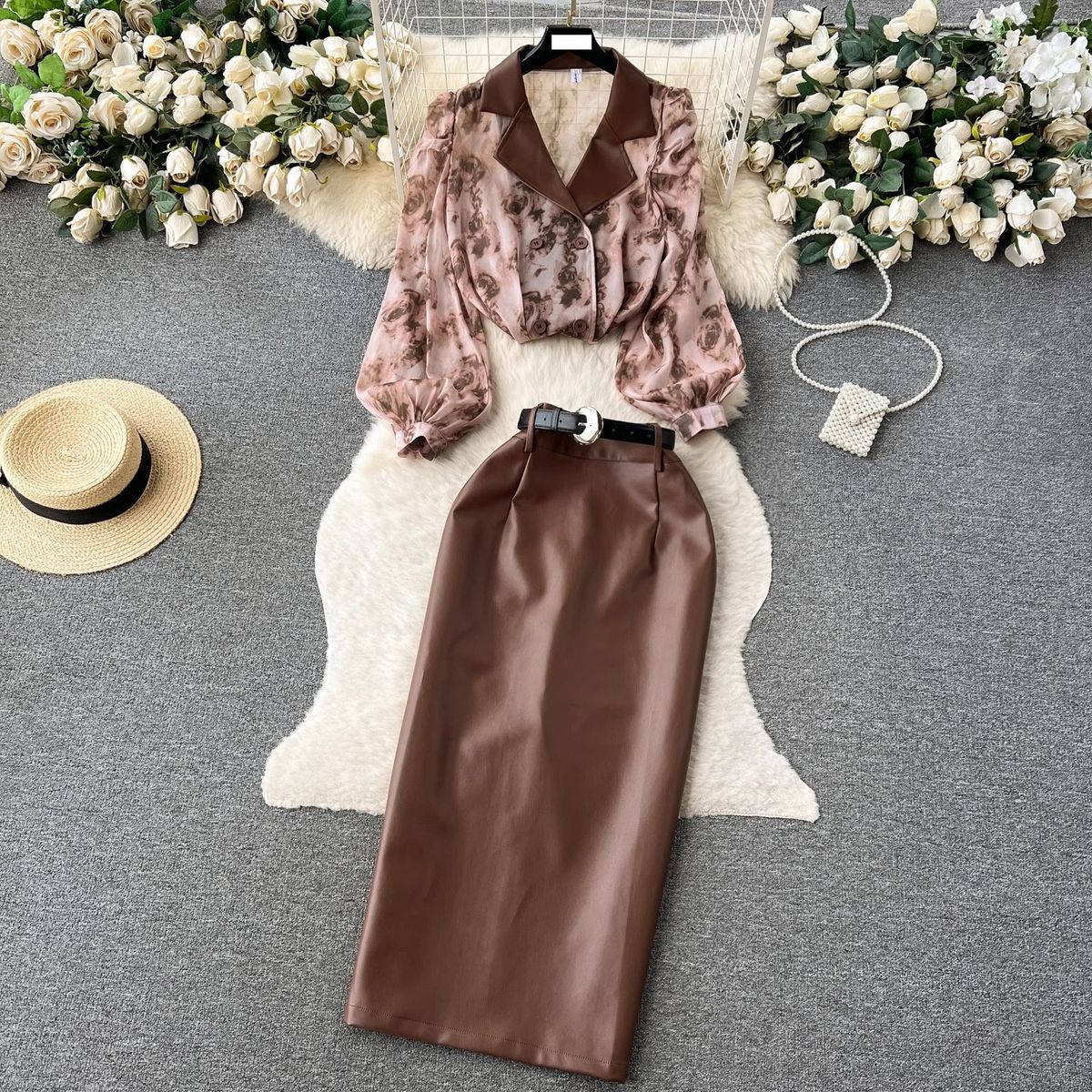 women's fashion set female socialite temperament lantern long sleeve vneck lotus leaf bright face shirt women's high waist sequin skirt_ecoleips.com