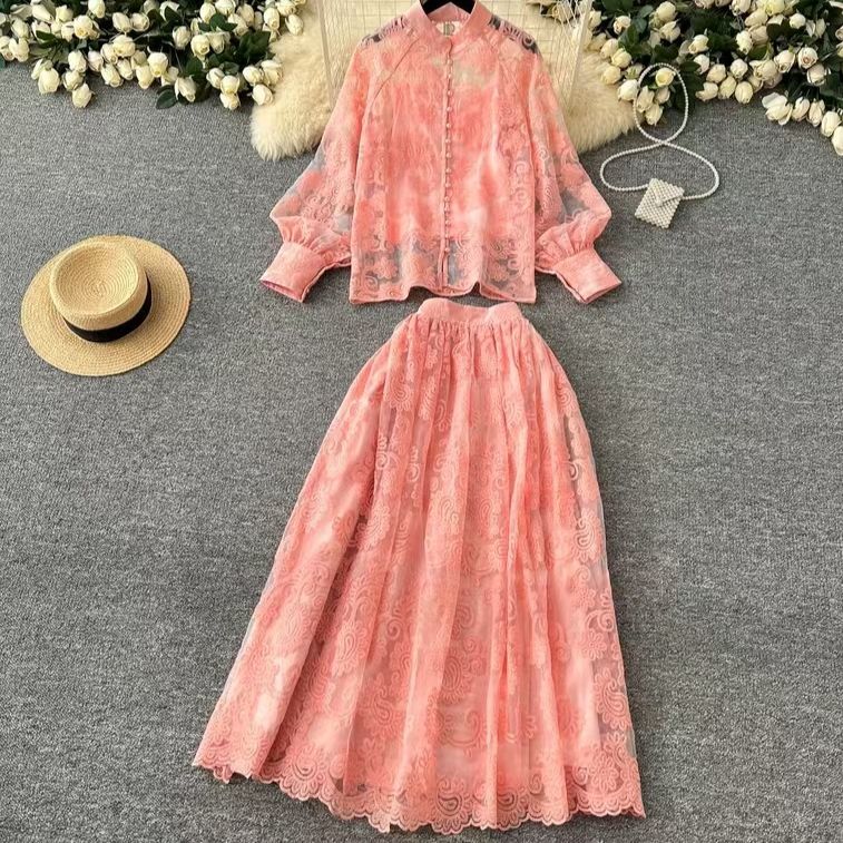 Women's Clothing Elegant And Stylish Lantern Sleeves Embroidered Mesh Shirt High Waist Wide Swing Skirt Spring Two Piece Suit_ecoleips.com