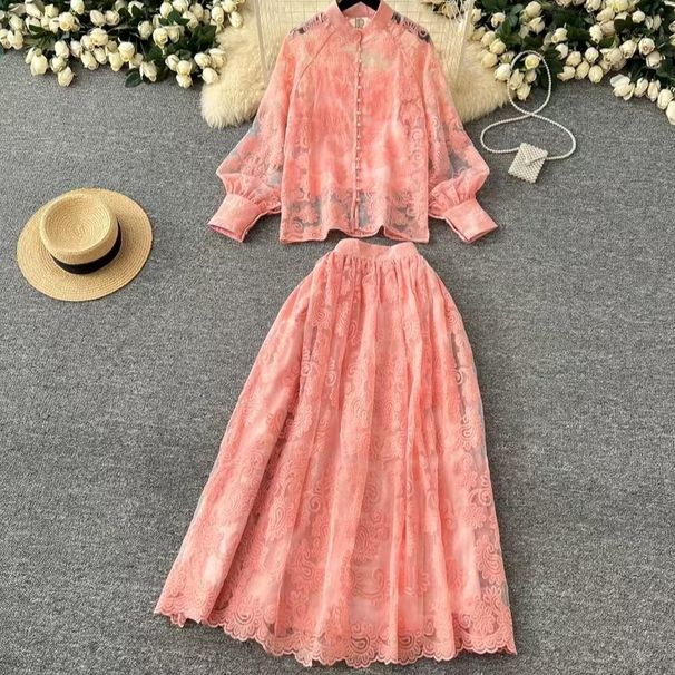 Women's Clothing Elegant And Stylish Lantern Sleeves Embroidered Mesh Shirt High Waist Wide Swing Skirt Spring Two Piece Suit_ecoleips.com