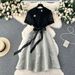 Women's Clothing Short Sleeved V Neck Lace Patchwork Waist Slimming Medium Length A Line Dress_ecoleips.com