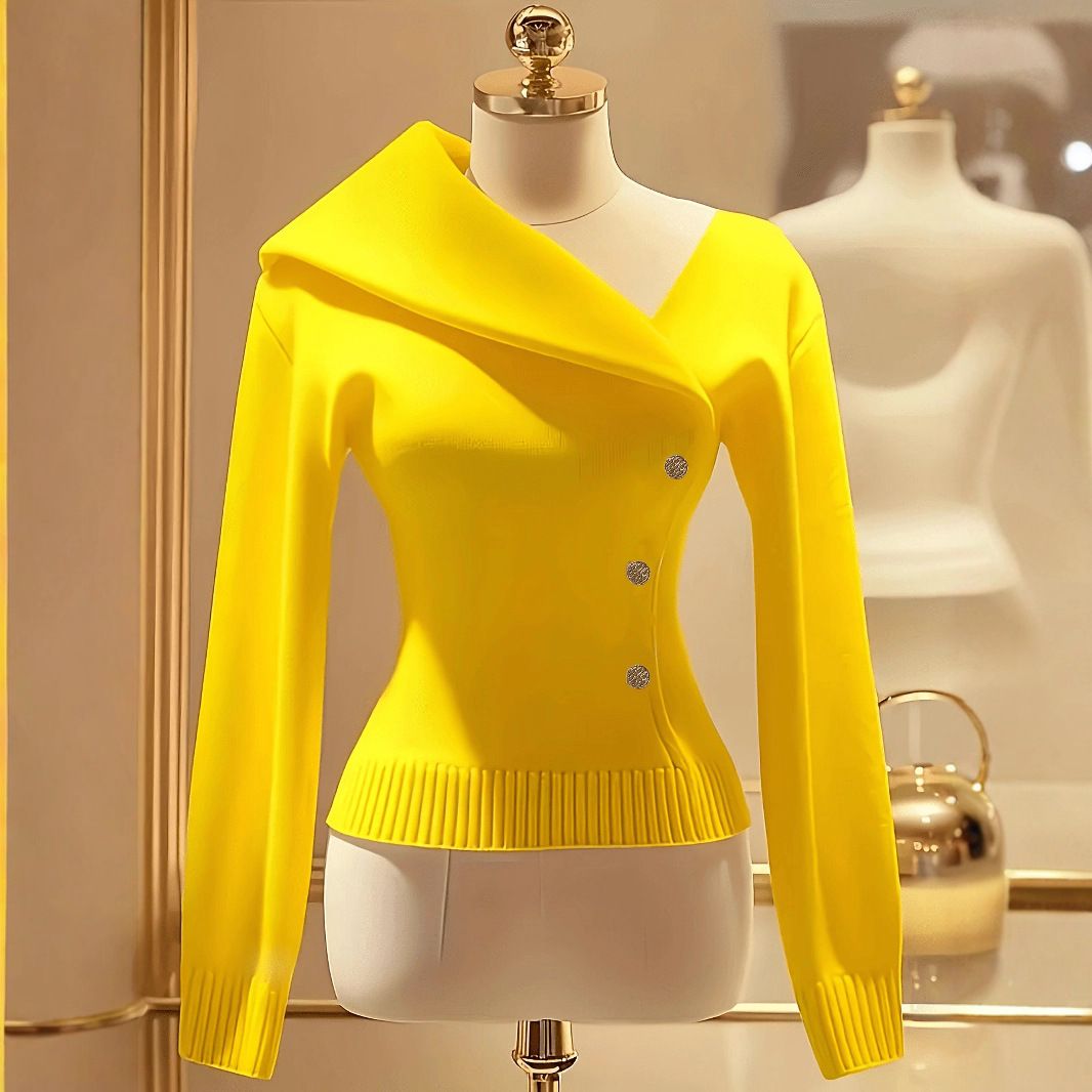 Women's Clothing Elegant Knit Pullover With Bold Lapel Collar & Decorative Front Buttons - Soft Viscose Blend, Classic Fit, Long Sleeve_ecoleips.com