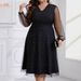 Plus Size Sparkle Mesh V-Neck Party Dress – Elegant Long Sleeve Bodycon Gown With Sheer Dot Panels – Stretchy Polyester-Spandex Blend (Sizes 1XL-5XL)_ecoleips.com