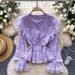 Elegant Lace Trimmed Peter Pan Collar Flared Sleeve Top French Style Single Breasted Slimming Long Sleeved Shirt For Women_ecoleips.com