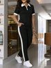 Women's Spring/Summer Collared Zipper Color Blocked T-Shirt Set with Elastic Waist Loose Pants Casual Everyday Outfit_ecoleips.com