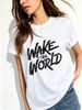 Women Vintage Distressed Wake The World Graffiti Letter Graphic T Shirt Round Neck Short Sleeve Loose Streetwear Summer Tops_ecoleips.com