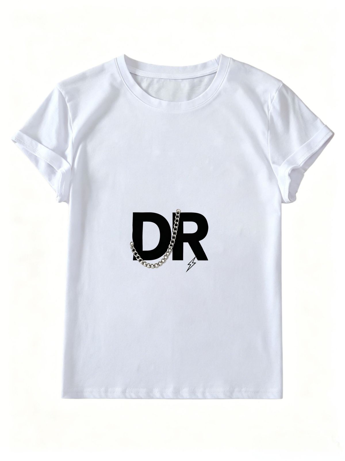 Women Summer Crew Neck Short Sleeve T-Shirt, Minimalist DR Letter Silver Chain Lightning Graphic Casual White Loose Hip Hop Streetwear Tee Top_ecoleips.com