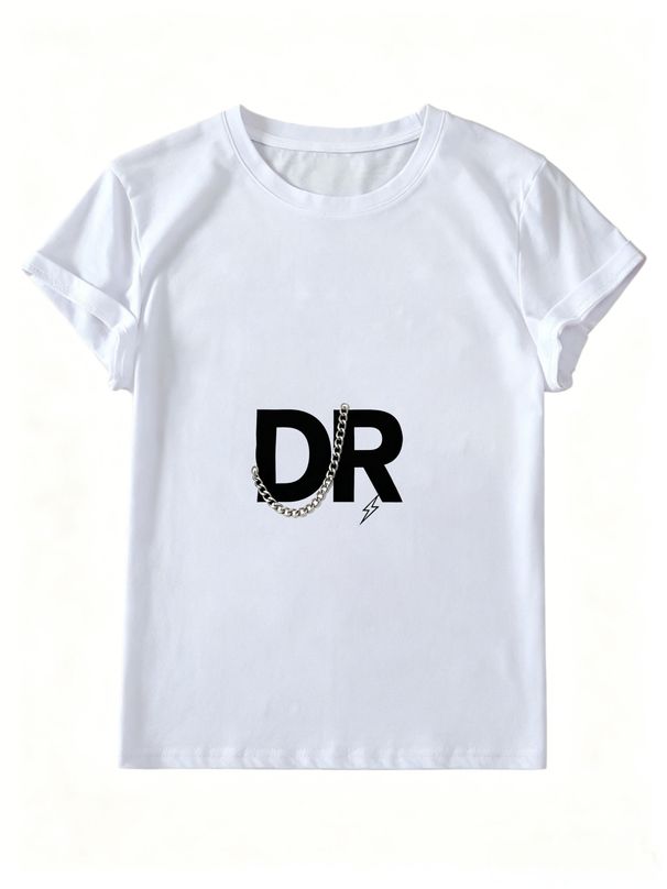 Women Summer Crew Neck Short Sleeve T-Shirt, Minimalist DR Letter Silver Chain Lightning Graphic Casual White Loose Hip Hop Streetwear Tee Top_ecoleips.com