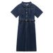 Women's Clothing High End Polo Collar Denim Dress Summer Split Belt Design Niche Temperament Long Skirt_ecoleips.com