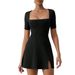 2026 European And American Cross-Border Women's Fashion Sexy Elegant Square Neck Design Sense Hem Slit Waist A-Line_ecoleips.com